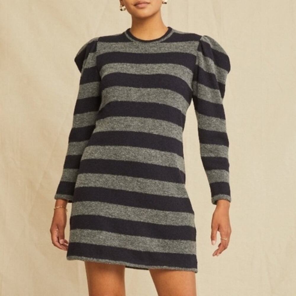 NEW Amour Vert Rosemary Blue Stripe Knit Dress Puff Sleeve Wool Womens XS